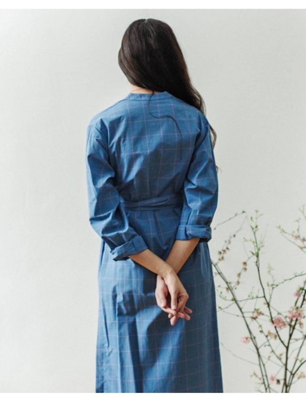 Horses Atelier belted blue dress with thin pink check - Picture 4 of 11